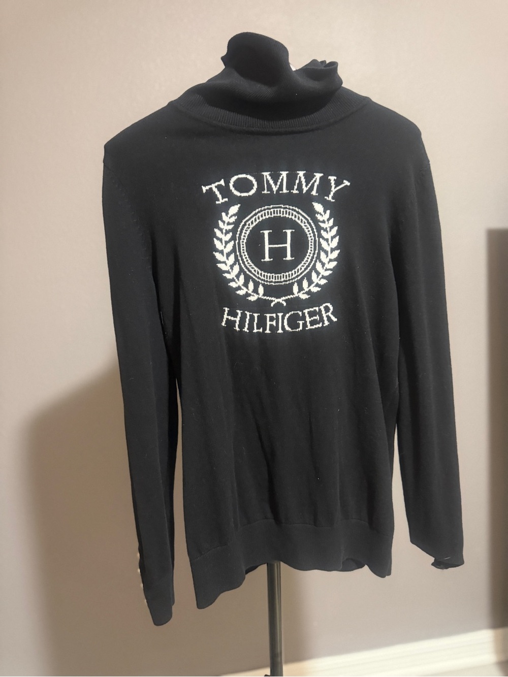 Tommy Hilfiger Black Turtleneck Sweater with White Crest Logo